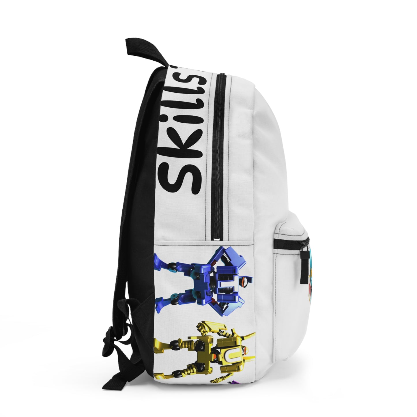 Tutelage Robot Collection Backpack — All Eight Robots & Mascot (Classic White, Minimal School & Travel)