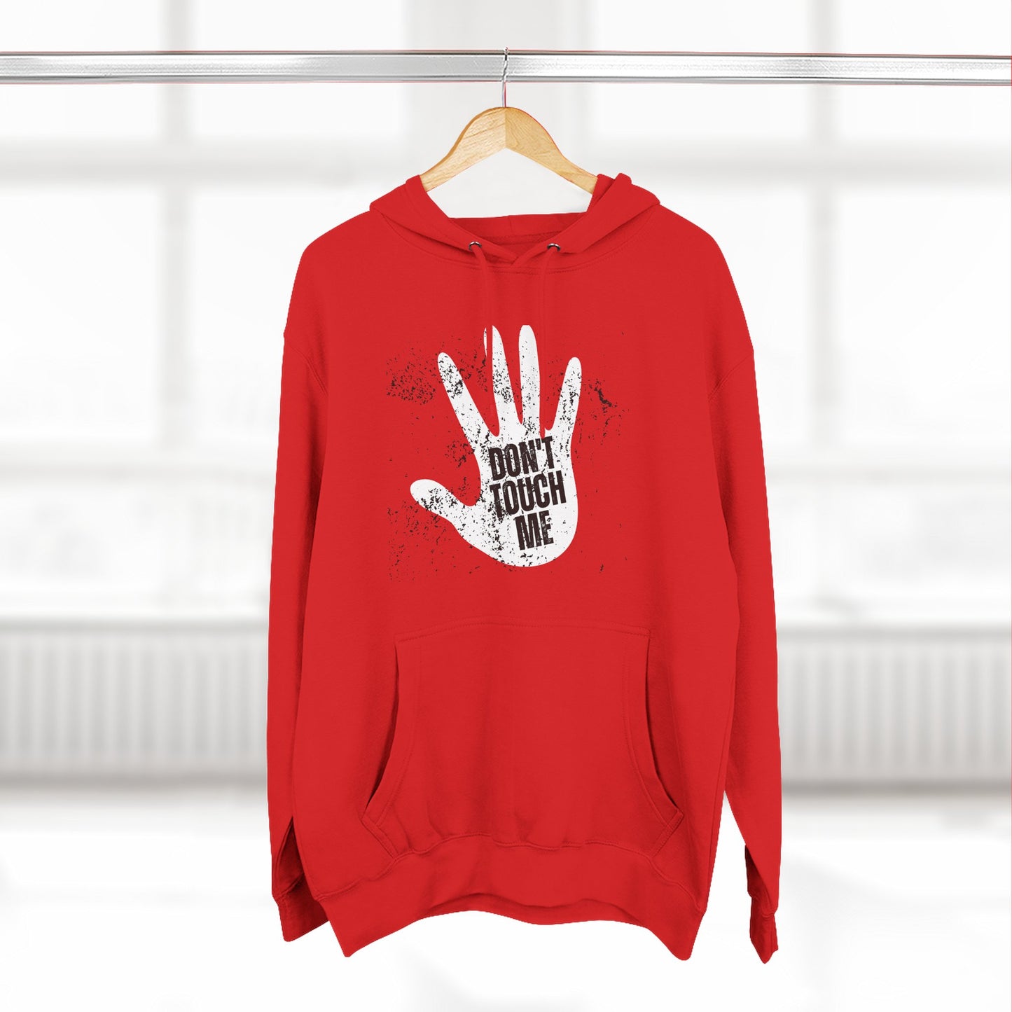 Stylish Three-Panel Fleece Hoodie, Cozy Wear, Graphic "DON'T TOUCH ME" Sweatshirt, Trendy Apparel, Casual Gift, Seasonal Layer