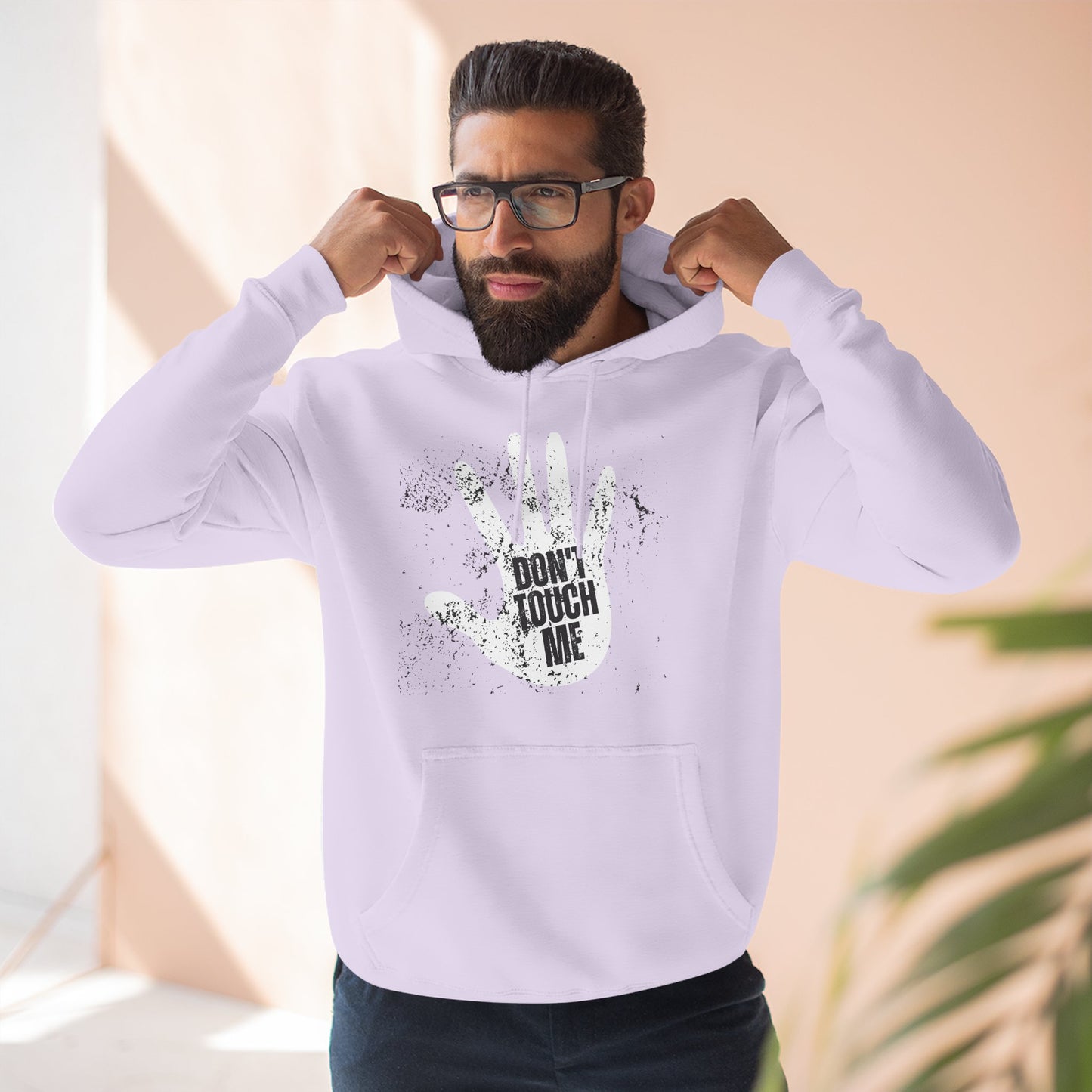 Stylish Three-Panel Fleece Hoodie, Cozy Wear, Graphic "DON'T TOUCH ME" Sweatshirt, Trendy Apparel, Casual Gift, Seasonal Layer