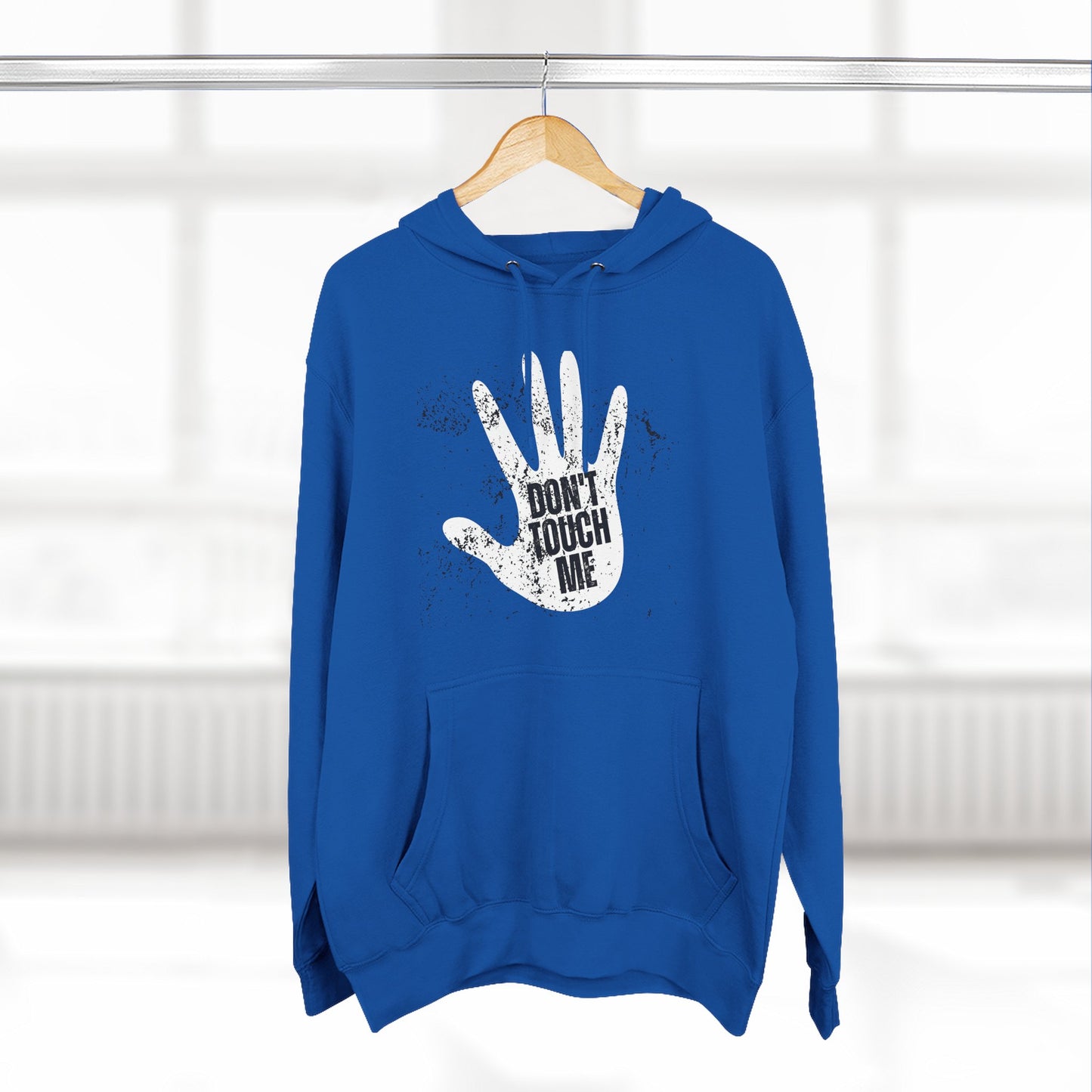 Stylish Three-Panel Fleece Hoodie, Cozy Wear, Graphic "DON'T TOUCH ME" Sweatshirt, Trendy Apparel, Casual Gift, Seasonal Layer