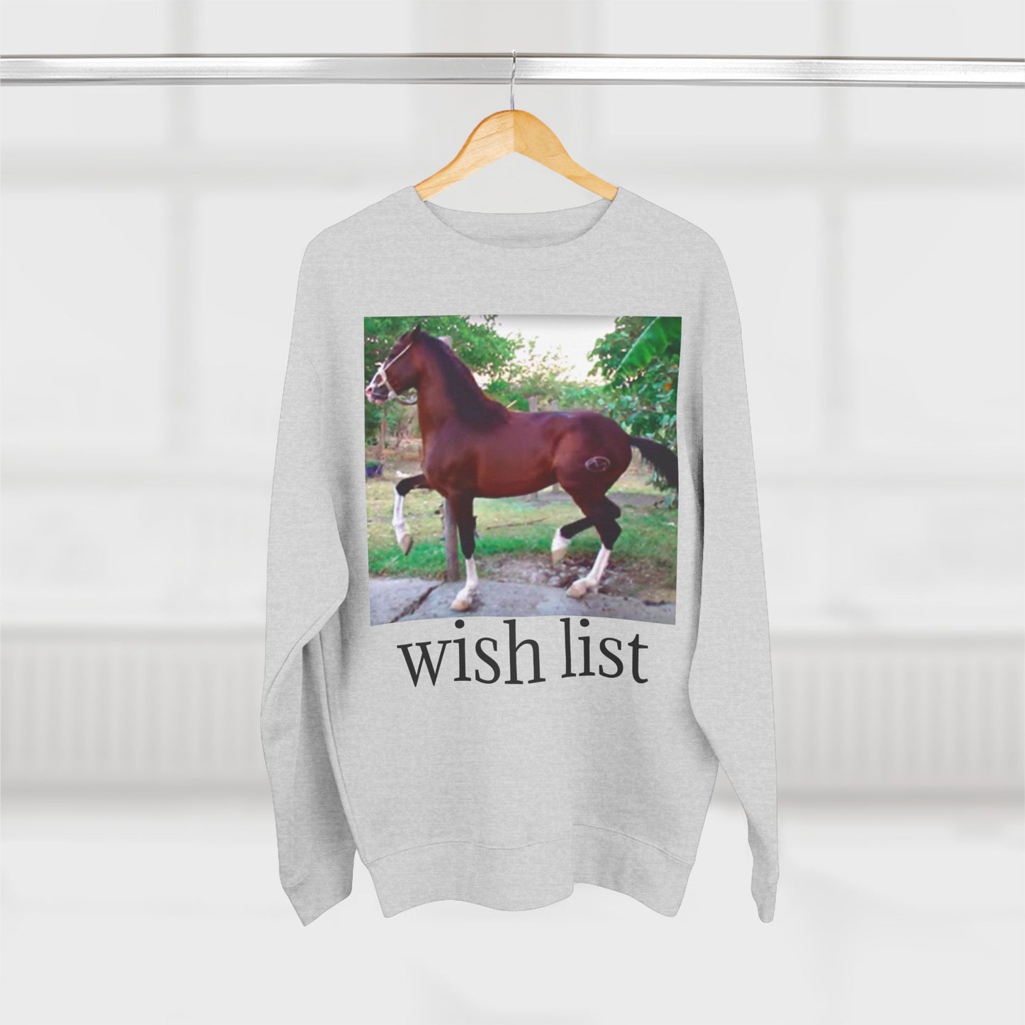 Whimsical Horse Sweatshirt for Animal Lovers, Cozy Crewneck, Gift for Equestrian Friends, Birthday Present, Funny Wish List Apparel