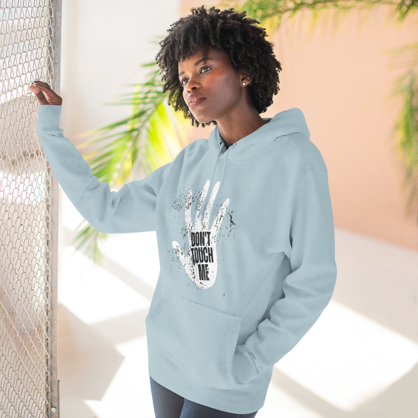 Stylish Three-Panel Fleece Hoodie, Cozy Wear, Graphic "DON'T TOUCH ME" Sweatshirt, Trendy Apparel, Casual Gift, Seasonal Layer