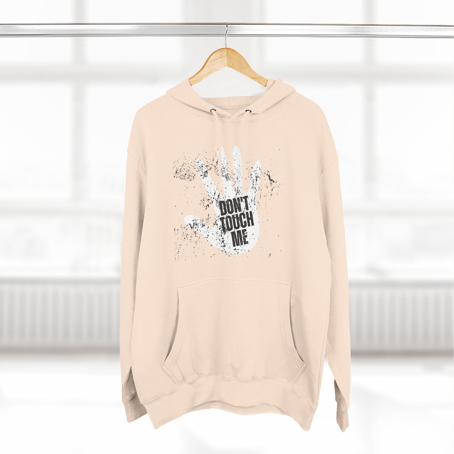 Stylish Three-Panel Fleece Hoodie, Cozy Wear, Graphic "DON'T TOUCH ME" Sweatshirt, Trendy Apparel, Casual Gift, Seasonal Layer