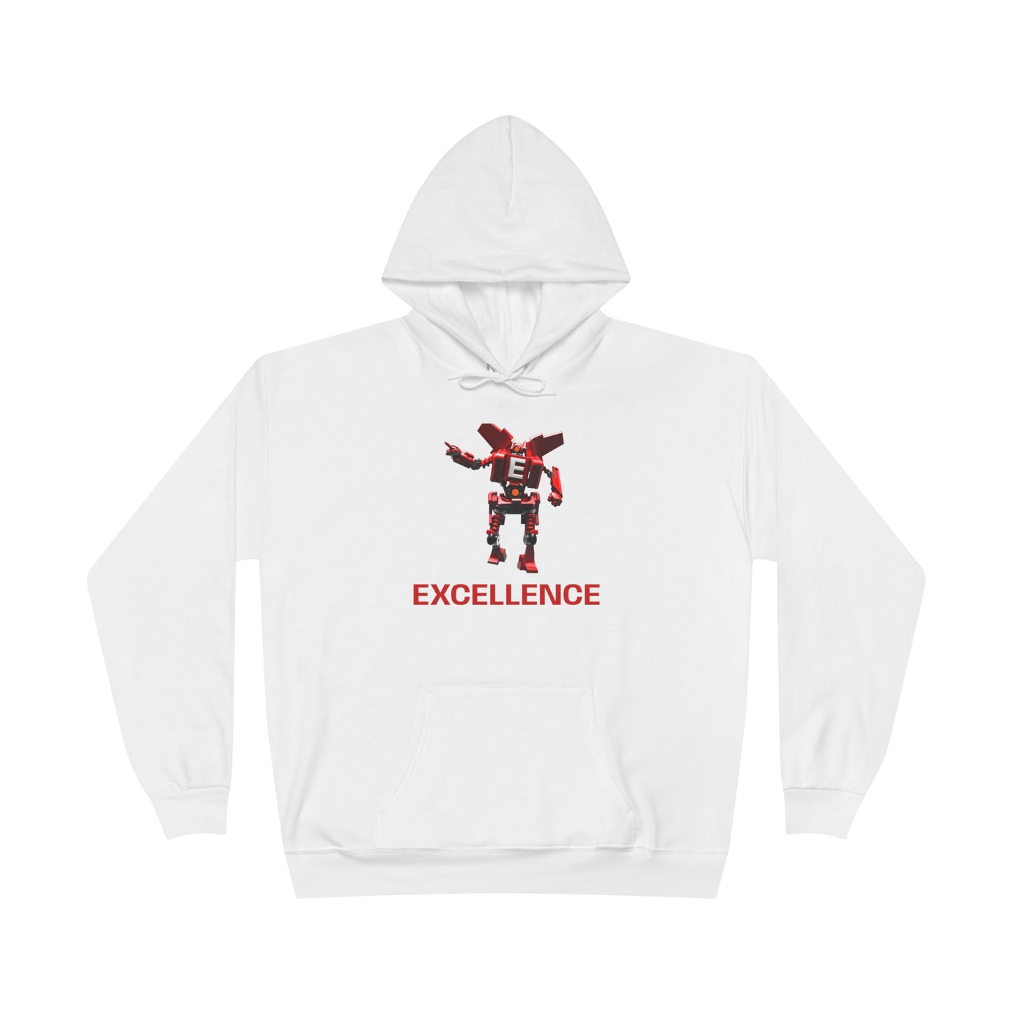 Excellence Hoodie — Minimalist Red Pixel Robot Graphic Pullover