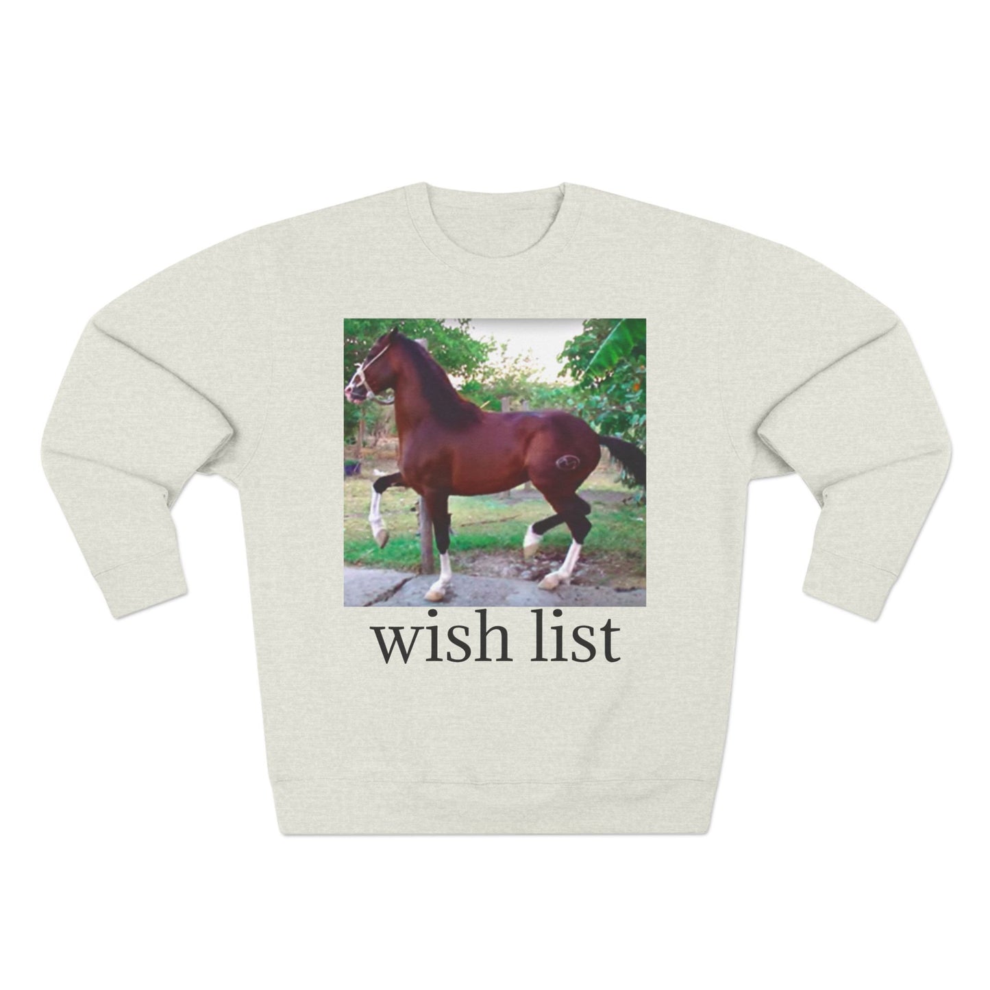 Whimsical Horse Sweatshirt for Animal Lovers, Cozy Crewneck, Gift for Equestrian Friends, Birthday Present, Funny Wish List Apparel