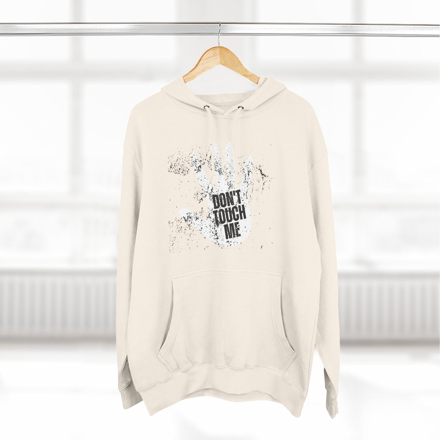 Stylish Three-Panel Fleece Hoodie, Cozy Wear, Graphic "DON'T TOUCH ME" Sweatshirt, Trendy Apparel, Casual Gift, Seasonal Layer